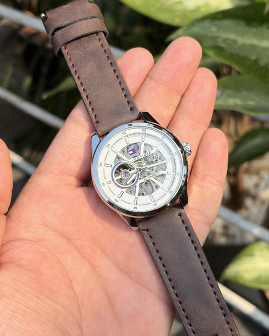 Tommy_hilfiger Automatic Leather DarkBrown-Silver-White